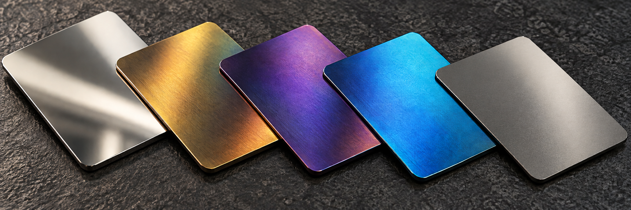 Illustrative titanium study showing reflective silver, gold, purple, blue and gray finishes